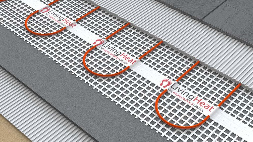 Underfloor Heating Underneath the tiles from the subfloor up is adhesive then insulation boards then the heating mat and finally optional levelling compound or simply lay you tile over top