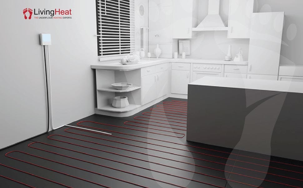 Underfloor Heating Underneath the tiles from the subfloor up is adhesive then insulation boards then the heating mat and finally optional levelling compound or simply lay your tile over top